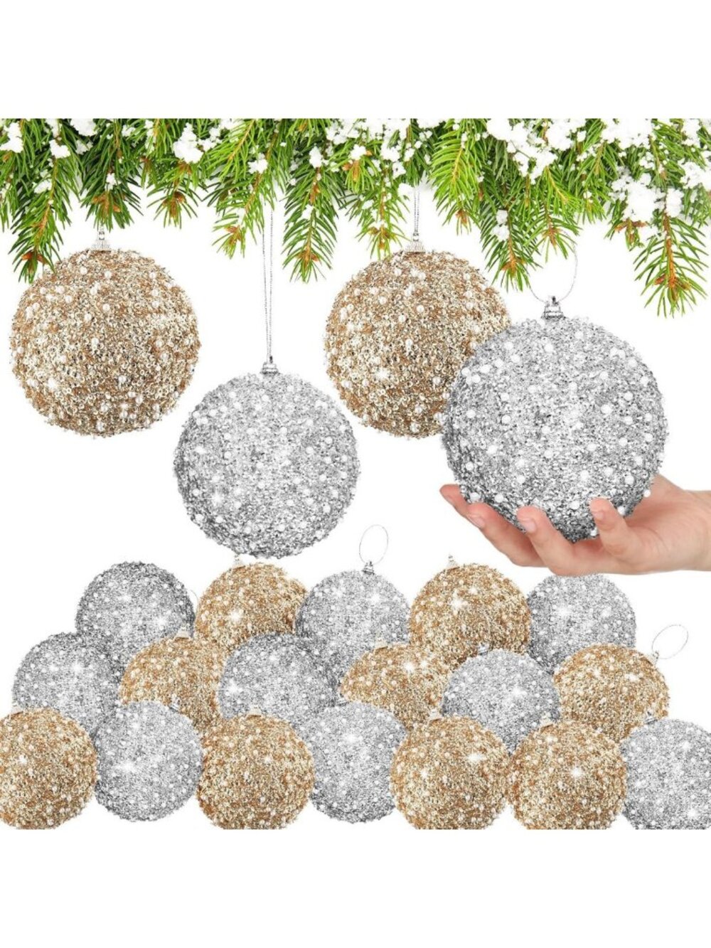 24 Pcs 4" Christmas Ornaments - Champagne Gold & Silver Holiday Decor